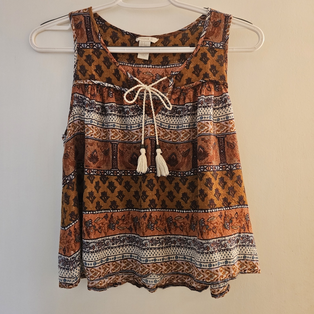Forever 21 Brown and Orange Sleeveless Tie Front Tank Top